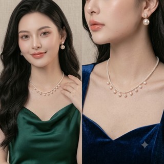 N379 Dây chuyền ngọc trai nữ choker ngắn  trắng dây 3mm mặt 6mm, Phụ kiện trang sức ngọc nhân tạo đá