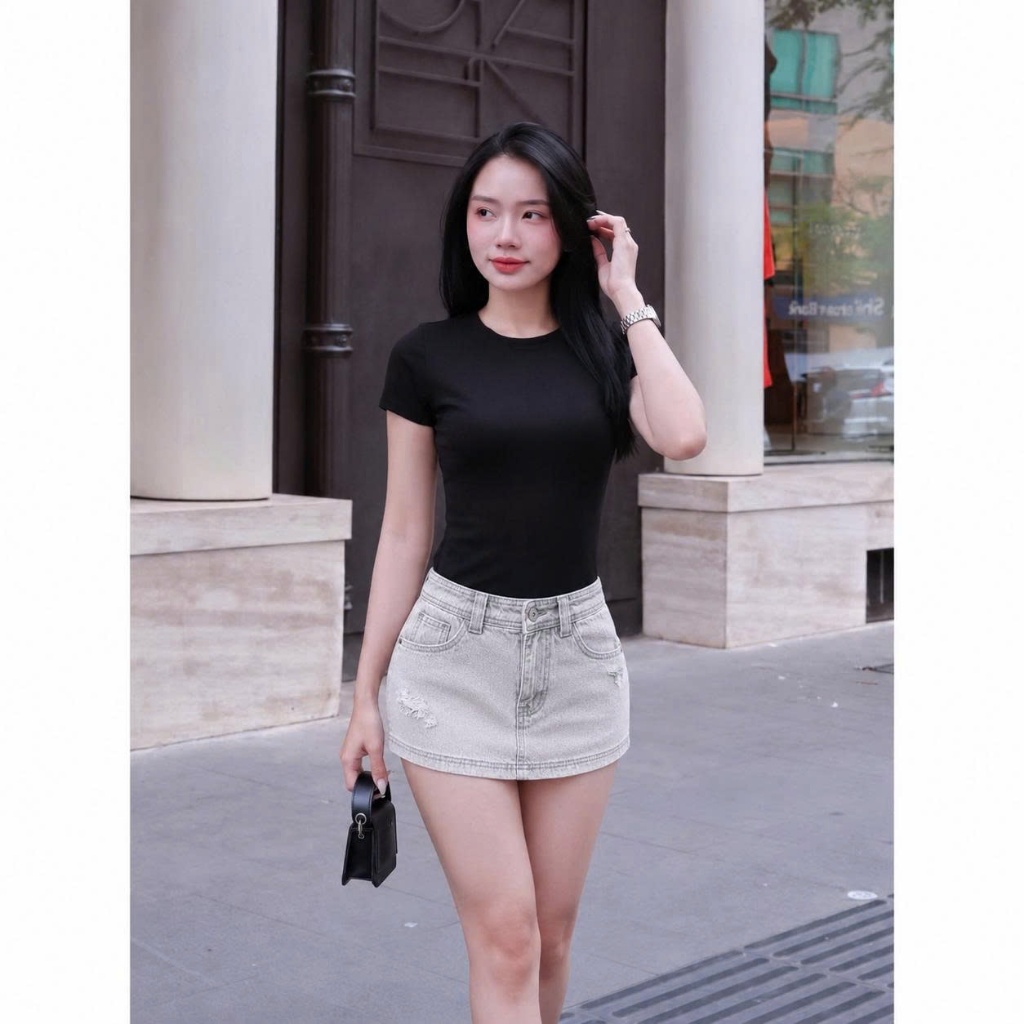 Chân Váy Jean Ngắn Có Quần CHEZI HOUSE #8661-8667, Chân Váy Bò Rách Nhẹ Dáng Ngắn 33cm Tôn Dáng Sexy