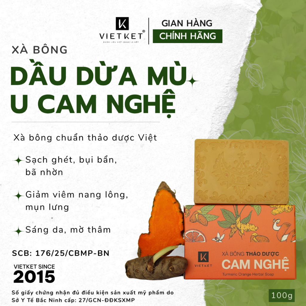 Xà Bông Tắm Dầu Dừa, Mù U, Cam Nghệ VIETKET 100g - Sạch Ghét, Giảm Mụn, Sáng Da, Duy Trì Độ Ẩm, Không Nhờn Rít