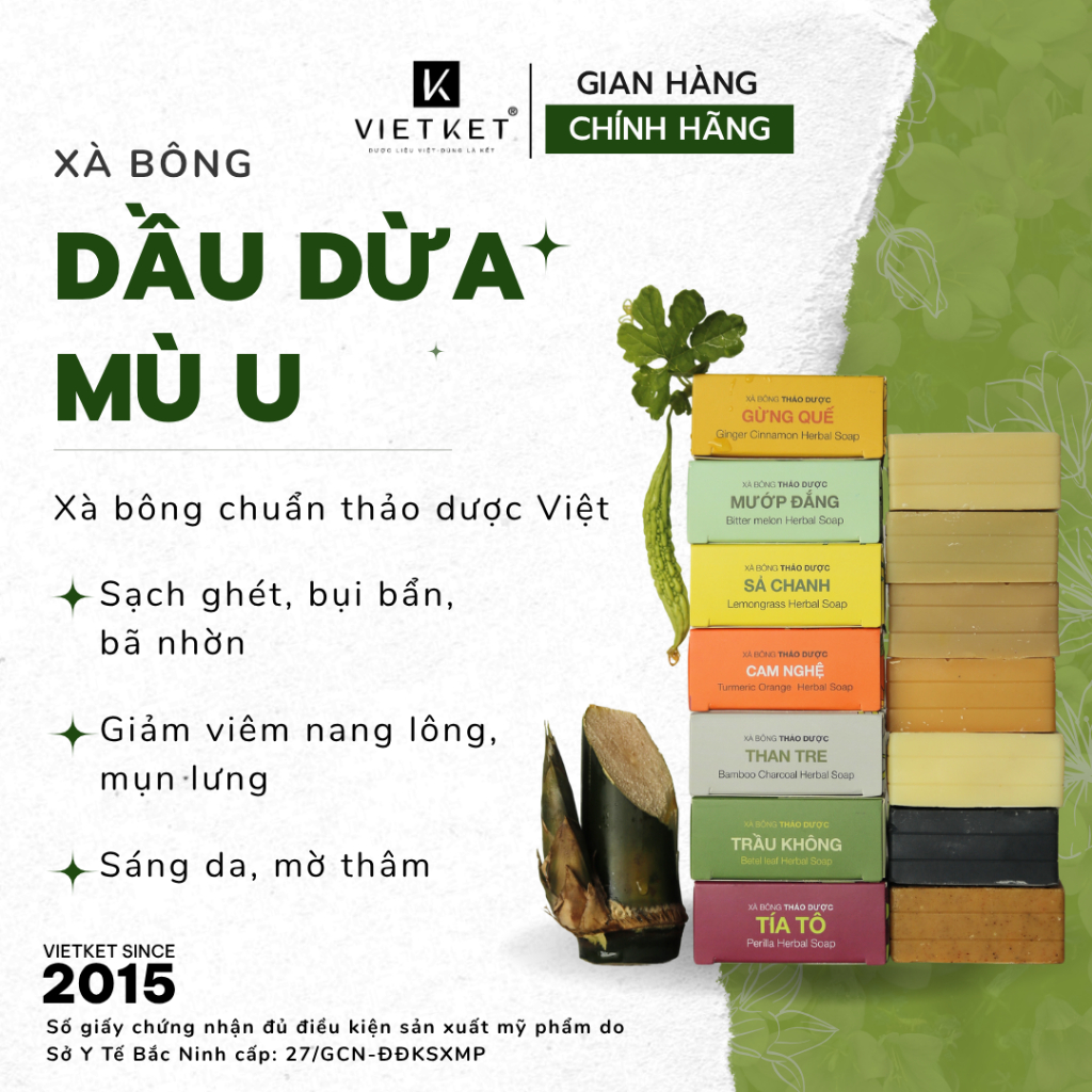 Xà Bông Tắm Dầu Dừa, Mù U, Thảo Dược VIETKET 100g - Giúp Sạch Da, Sáng Da, Giảm Mụn, Mờ Thâm, Dưỡng Ẩm, Không Nhờn Rít