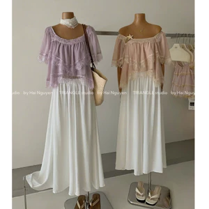 TRIANGLE - Elegant Set (Cân nhắc kỹ, return is not welcomed) Set áo tơ phối ren có tay mix quần ống rộng màu trắng