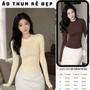 Áo thun nữ tay dài tôn dáng AT-02 chất liệu cotton, Áo phông cổ tròn basic ôm body