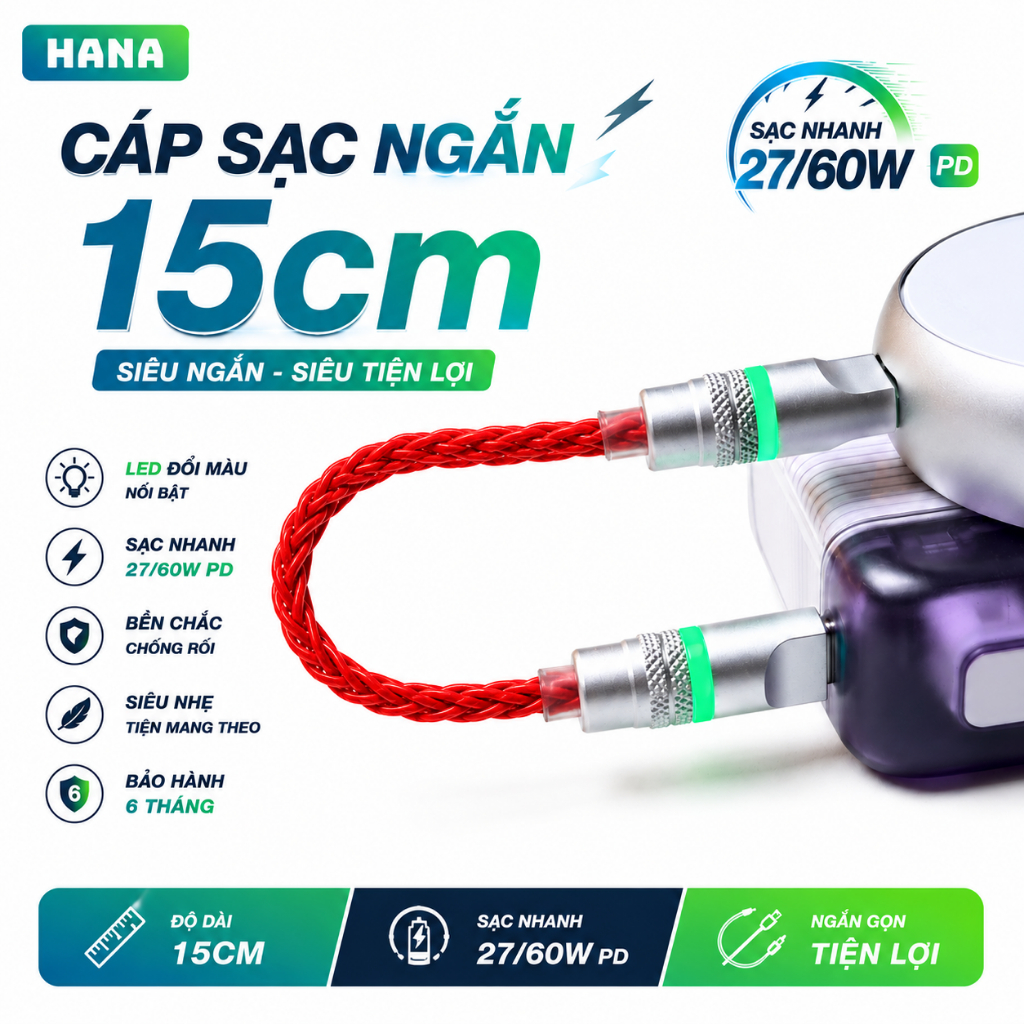 Dây Cáp Sạc Nhanh 60W Type C - Ngắn 15cm - Có Đèn Báo 2 Đầu - Hỗ Trợ 27/60W PD - Bảo Hành 6 Tháng