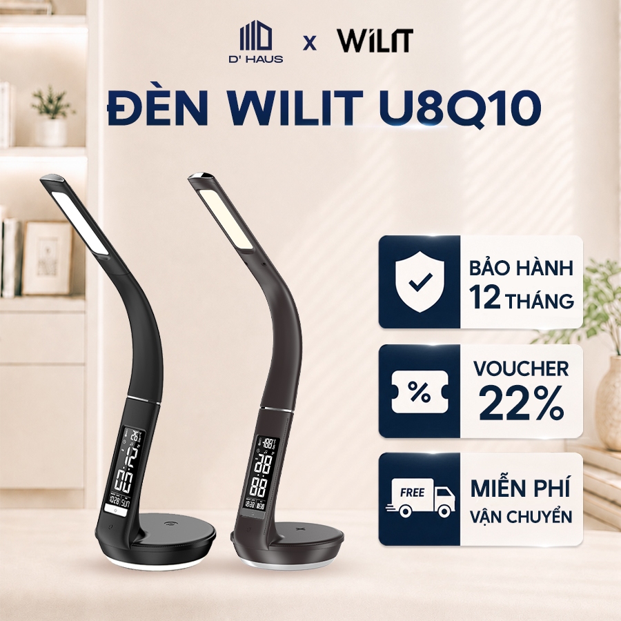 Đèn học hỗ trợ chống cận thị cao cấp Wilit U8Q10 4in1 sạc không dây 10W, báo thức, màn hình LCD, Bảo hành 12 tháng
