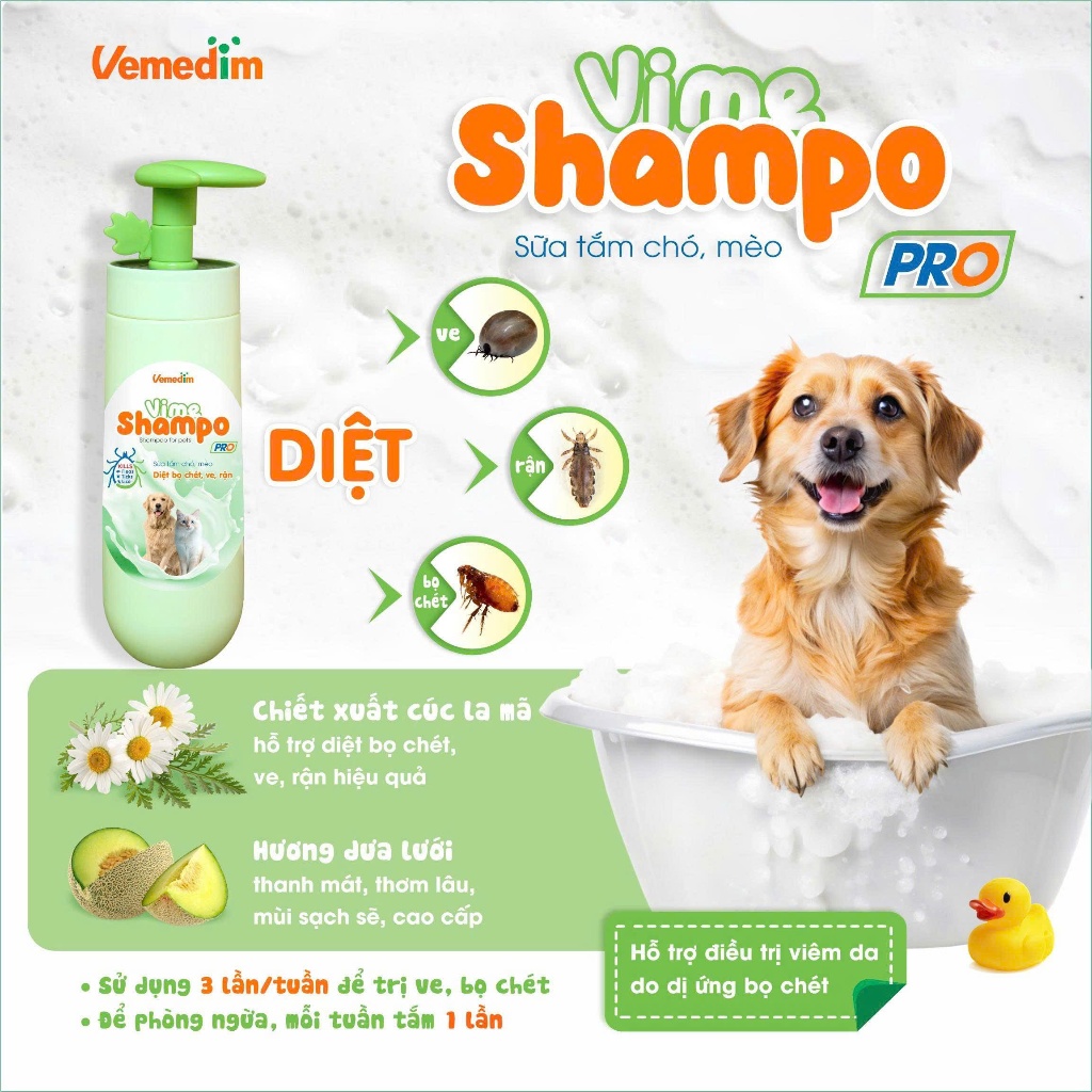 Sữa Tắm Làm Sạch Ve, Rận, Bọ Chét Cho Thú Cưng Vime Shampo Pro 300ml