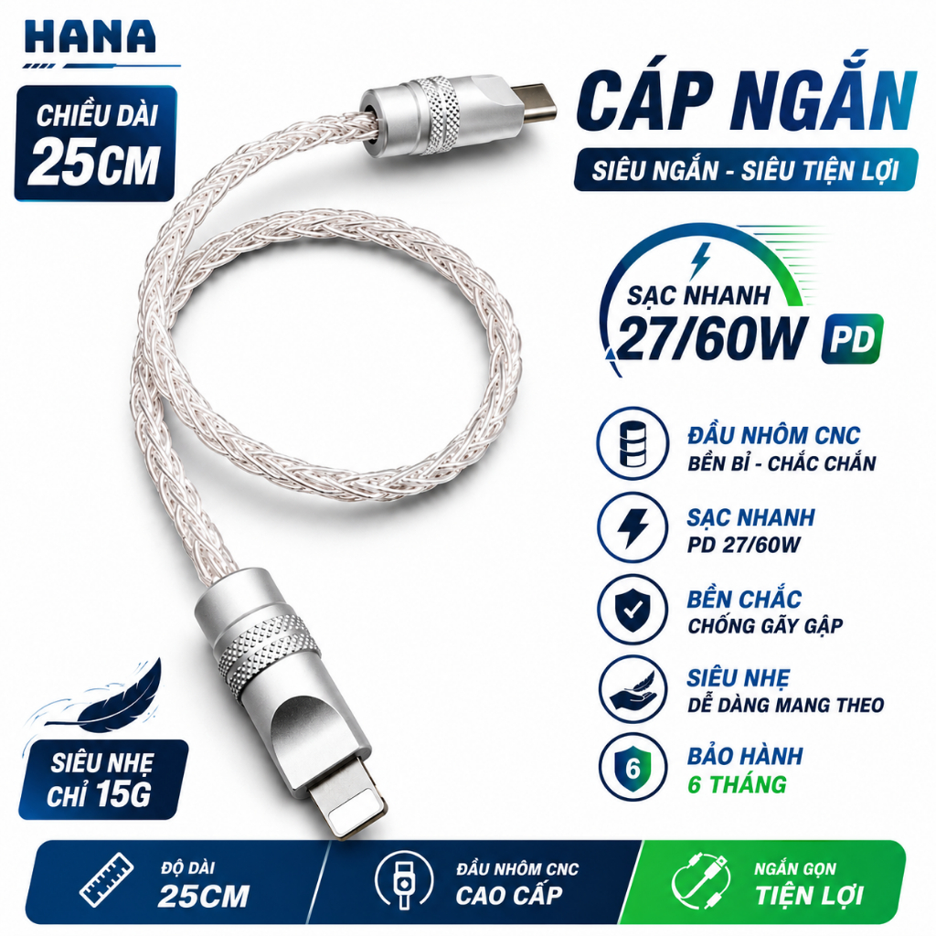 Dây Cáp Sạc Nhanh 60W PD - Ngắn 25cm - Type C to C/ Type C to L - Bện 8 sợi mềm - Bảo Hành 6 Tháng