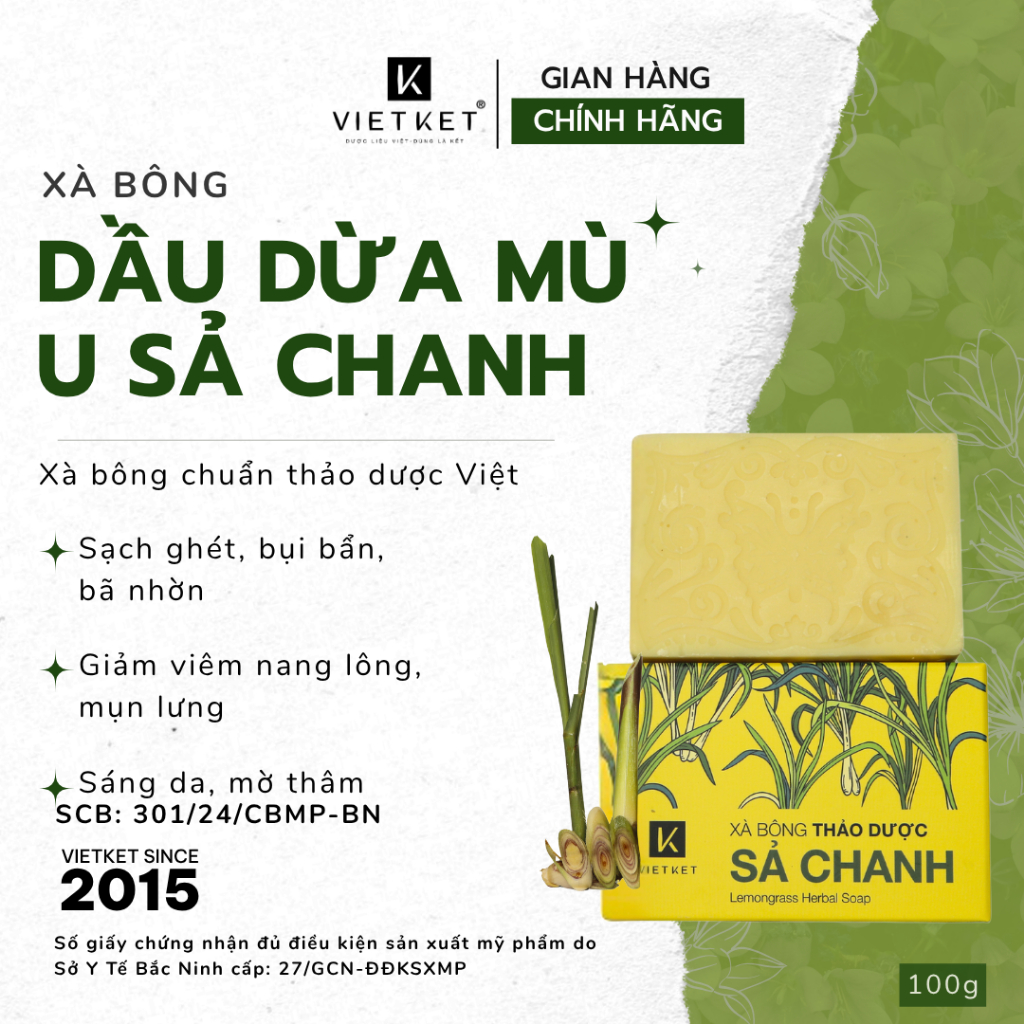 Xà Bông Tắm Dầu Dừa, Mù U, Sả Chanh VIETKET 100g - Giúp Sạch Ghét, Sáng Da, Giảm Mụn, Mờ Thâm, Dưỡng Ẩm, Không Nhờn Rít