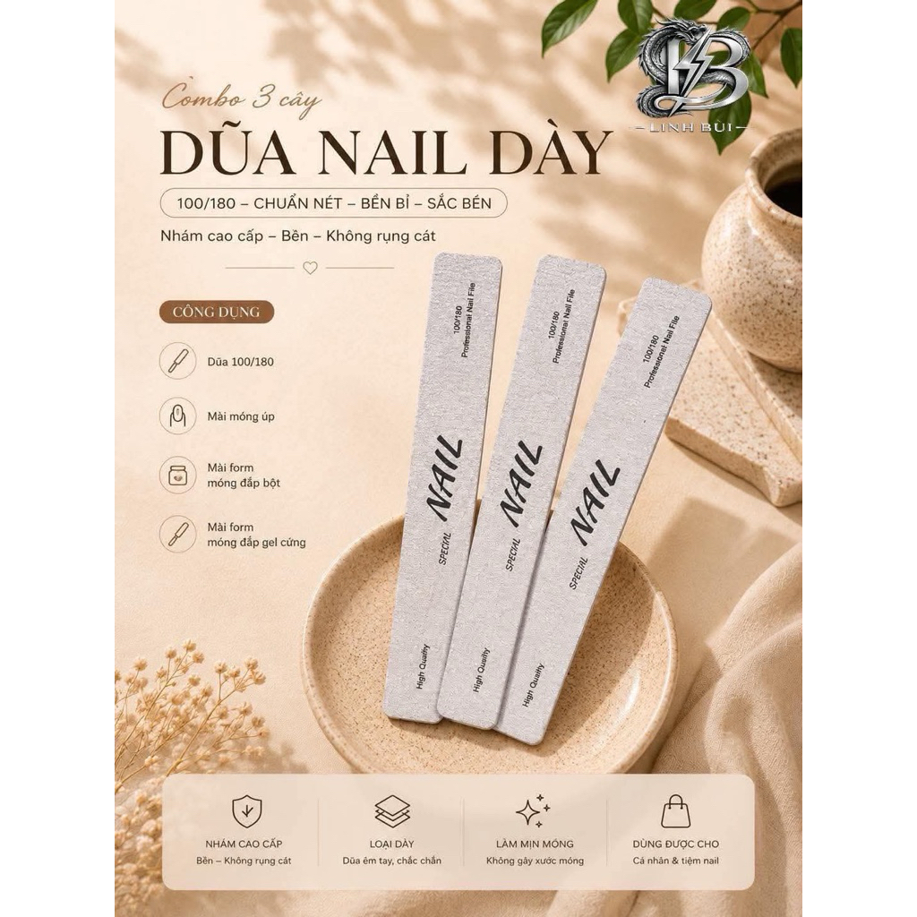 combo 3  cây Dũa Nail loại dày mài móng úp, bột, gel- Linh Bùi