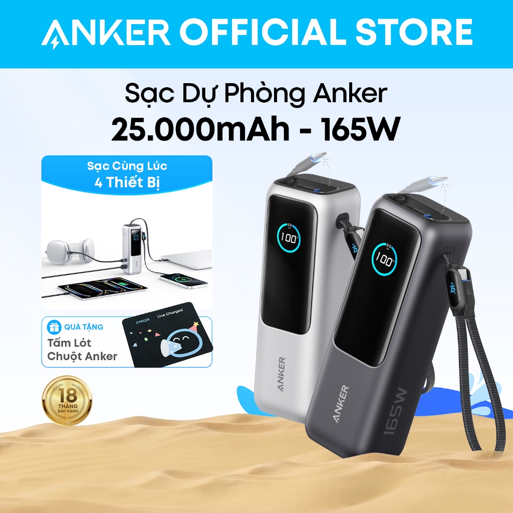 Sạc di động Anker Zolo 25.000mAh | Công suất 165W | Tích hợp 2 cáp USB-C có thể rút gọn | Có màn hình - A1695
