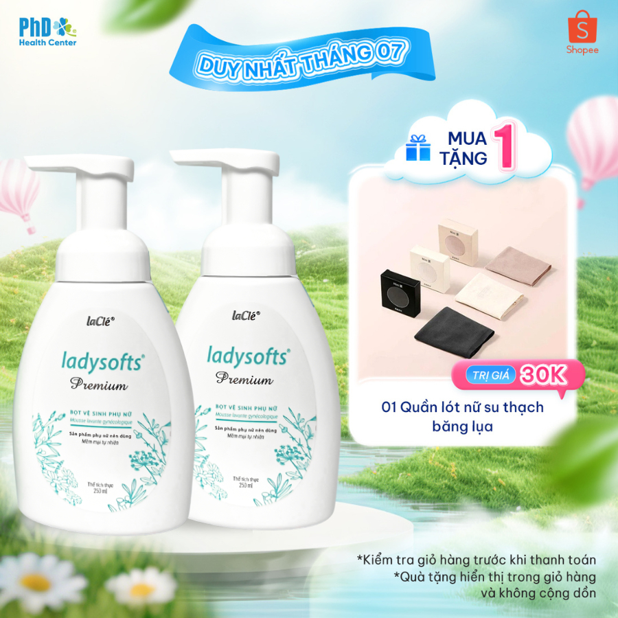 Combo 2 Chai Dung Dịch Vệ Sinh Phụ Nữ Dạng Bọt Ladysofts Premium Laclé Làm Sạch, Cân Bằng pH 250ml