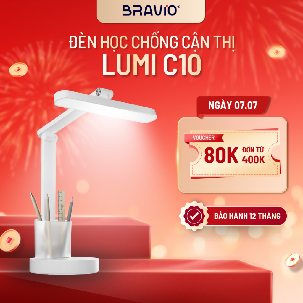 Đèn học để bàn chống cận thị Bravio Lumi C10 đèn học tích điện bàn làm việc đọc sách LED bảo vệ mắt cho bé sạc pin