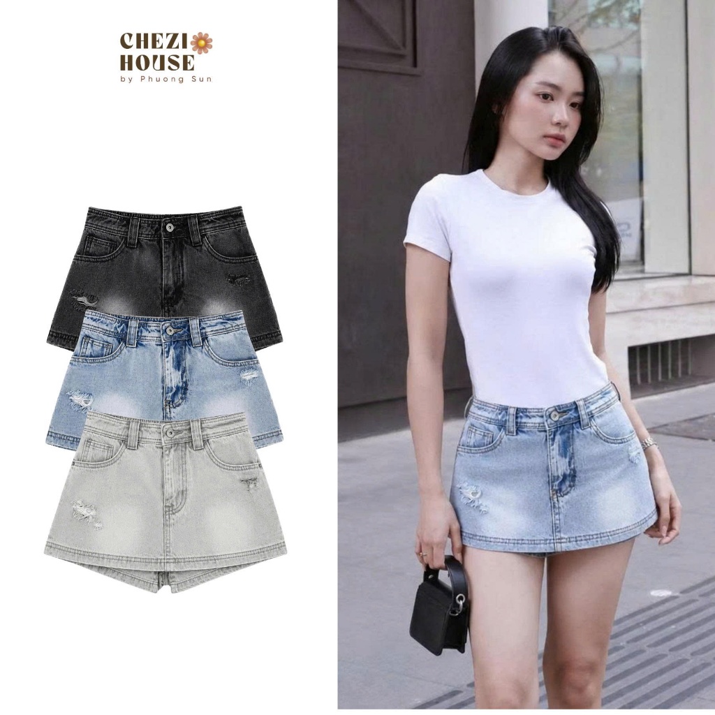 Chân Váy Jean Ngắn Có Quần CHEZI HOUSE #8661-8667, Chân Váy Bò Rách Nhẹ Dáng Ngắn 33cm Tôn Dáng Sexy