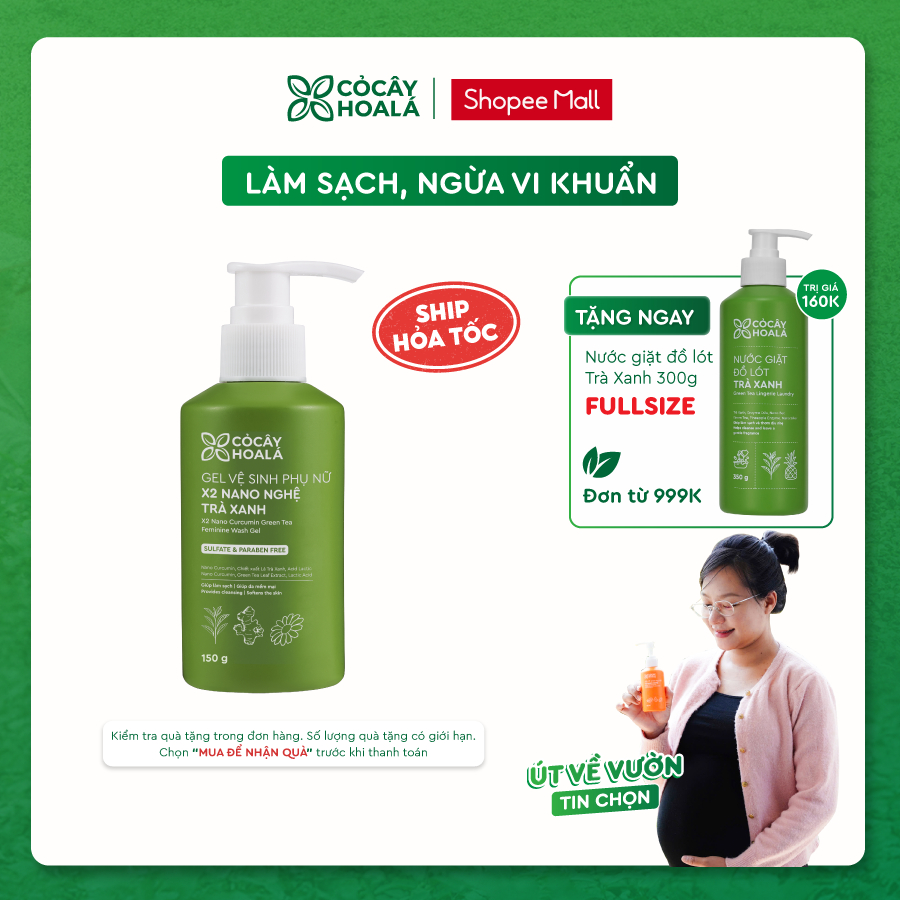 Dung Dịch Vệ Sinh Phụ Nữ Gel X2 Nano Nghệ Cỏ Cây Hoa Lá, Hương Trà Xanh, Làm Sạch Dịu Nhẹ 150ml