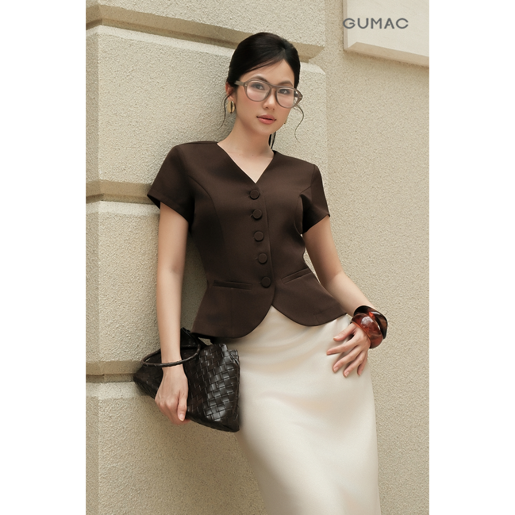 Áo Sơ Mi Nữ GUMAC Form Ôm Eo Cổ V Kiểu Gile Rã Decoup Nút Bọc Sang Trọng AF05039 - AG07098