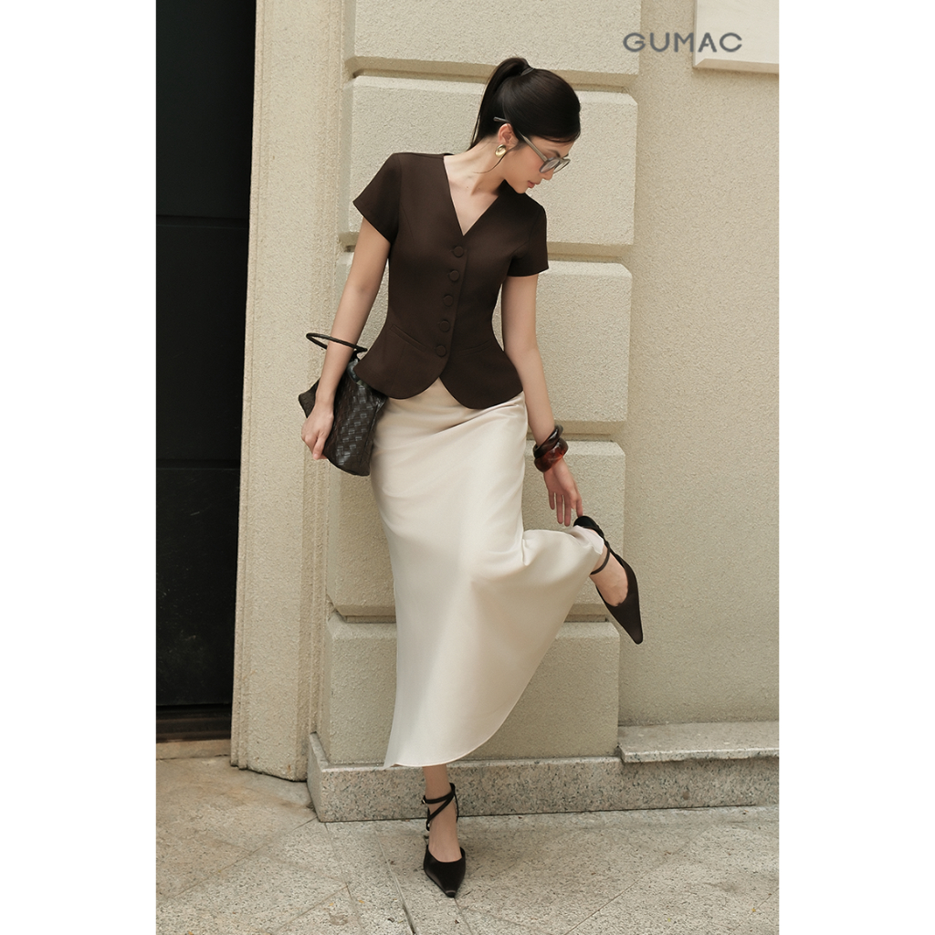 Áo Sơ Mi Nữ GUMAC Form Ôm Eo Cổ V Kiểu Gile Rã Decoup Nút Bọc Sang Trọng AF05039 - AG07098