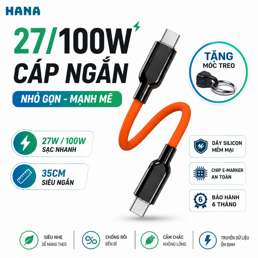 [M9] Dây Cáp Sạc Nhanh 100W Type C - Ngắn 35cm - chip E-marker - Truyền Dữ Liệu 480Mpbs