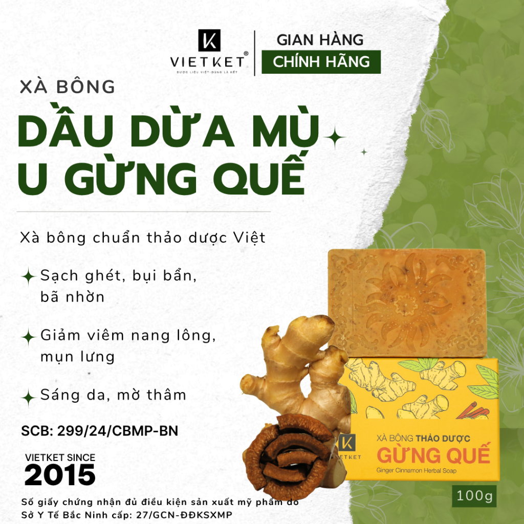 Xà Bông Tắm Dầu Dừa, Mù u, Gừng Quế VIETKET 100g - Sạch Ghét, Giảm Mụn, Sáng Da, Duy Trì Độ Ẩm, Không Nhờn Rít