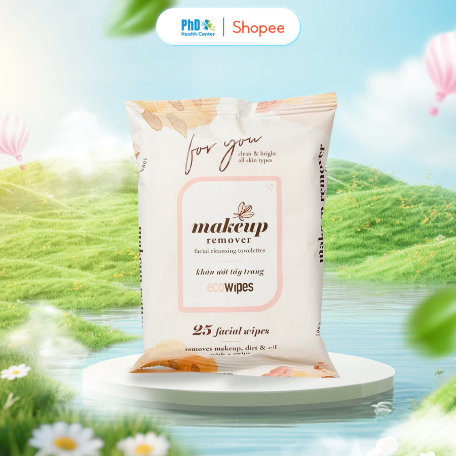 Khăn giấy ướt tẩy trang nhanh Makeup Remover Ecowipes gói 25 tờ Hương Dưa Leo Sạch Da Dưỡng Ẩm