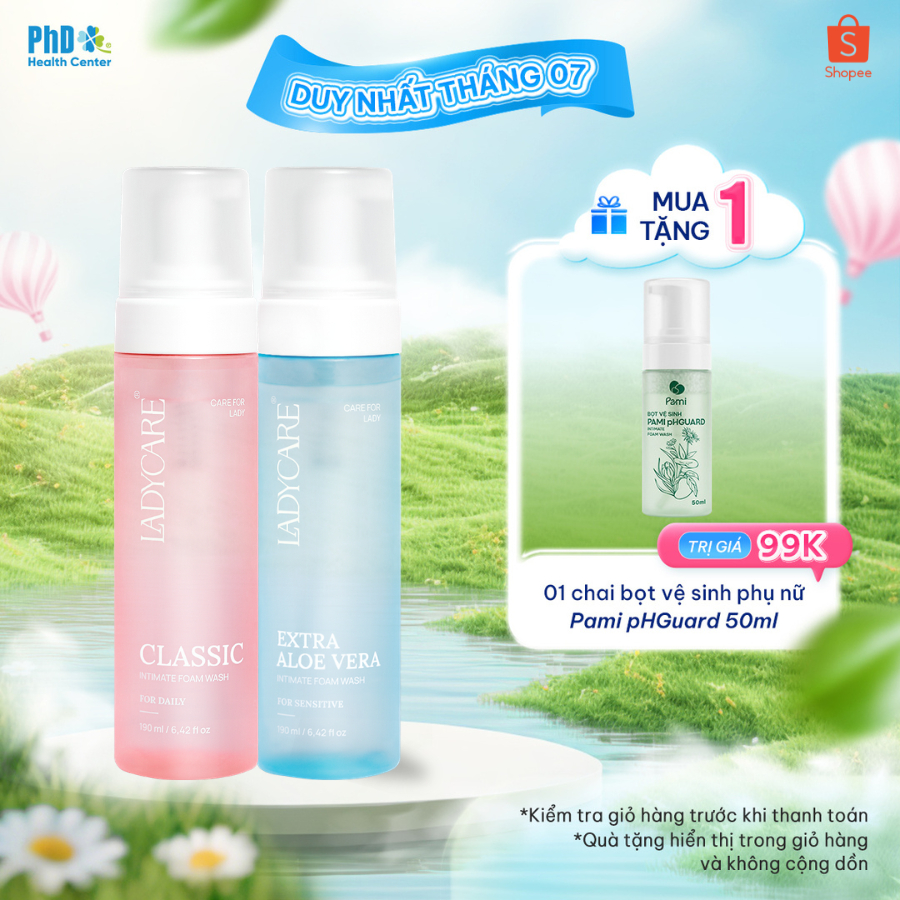 Combo 2 Chai Dung Dịch Vệ Sinh Phụ Nữ Dạng Bọt Ladycare Classic Và Ladycare Extra Aloe Vera 190ml