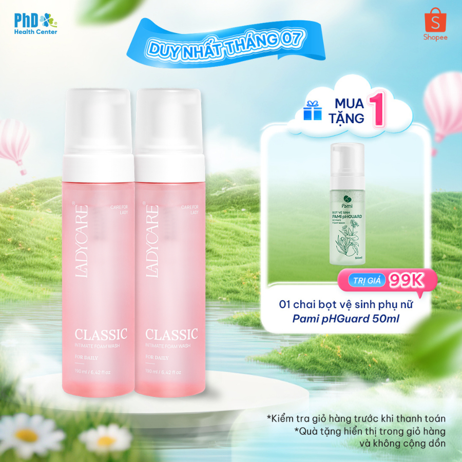 Combo 2 Chai Dung Dịch Vệ Sinh Phụ Nữ Dạng Bọt Ladycare Classic Mọi Loại Da, Duy Trì pH 190ml