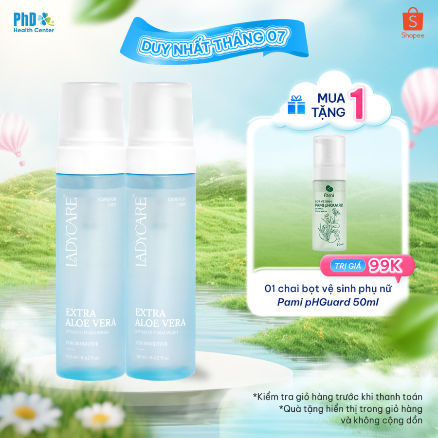 Combo 2 Dung Dịch Vệ Sinh Phụ Nữ Dạng Bọt Ladycare Extra Aloe Vera Da Nhạy Cảm, Duy Trì pH 190ml