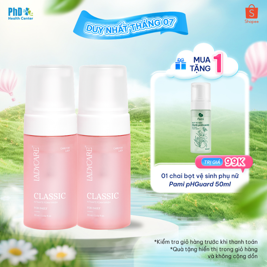 Combo 2 Chai Dung Dịch Vệ Sinh Phụ Nữ Dạng Bọt Ladycare Classic Mọi Loại Da, Duy Trì pH 90ml