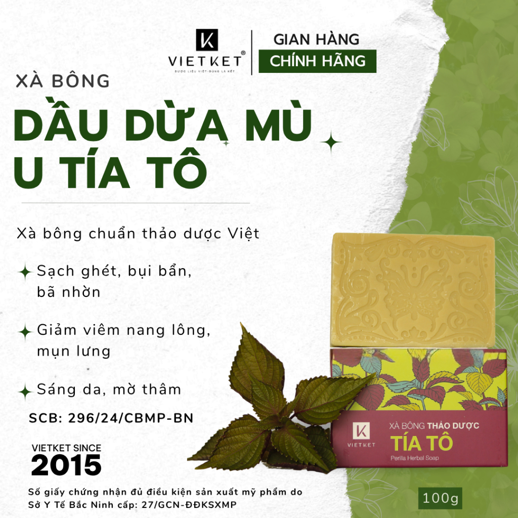 Xà Bông Tắm Dầu Dừa, Mù U, Tía Tô VIETKET 100g - Sạch Ghét, Sáng Da, Giảm Mụn, Mờ Thâm, Dưỡng Ẩm, Không Nhờn Rít