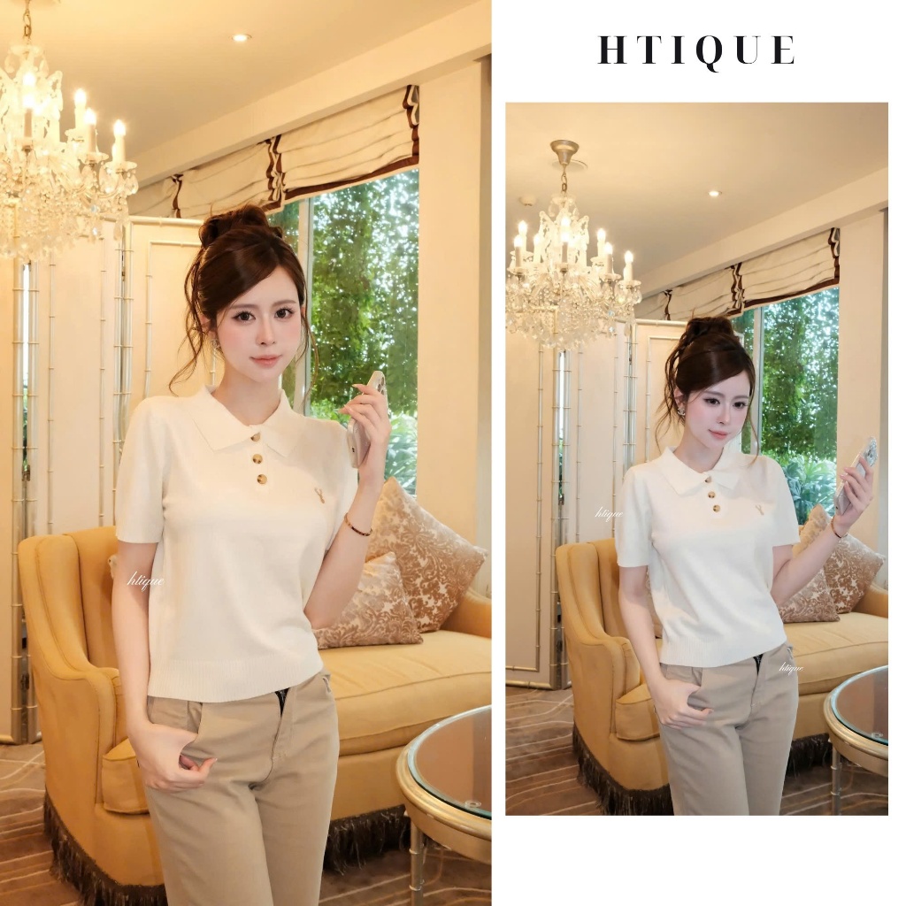HTIQUE - DEAL mở bán Áo Len polo Nữ Dệt Kim Tay Ngắn thêu họa tiết,Áo Len Cổ Polo Nữ Basic Cao Cấp Thanh Lịch LN07