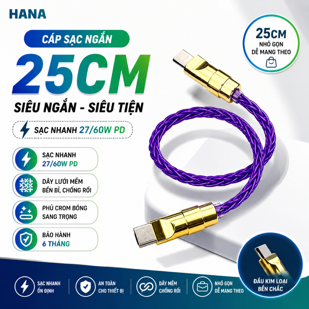 Dây Cáp Sạc Nhanh 60W PD Type C - Ngắn 25cm - Đầu Đồng Phủ Crom Vàng Bóng - Dây bện 8 sợi