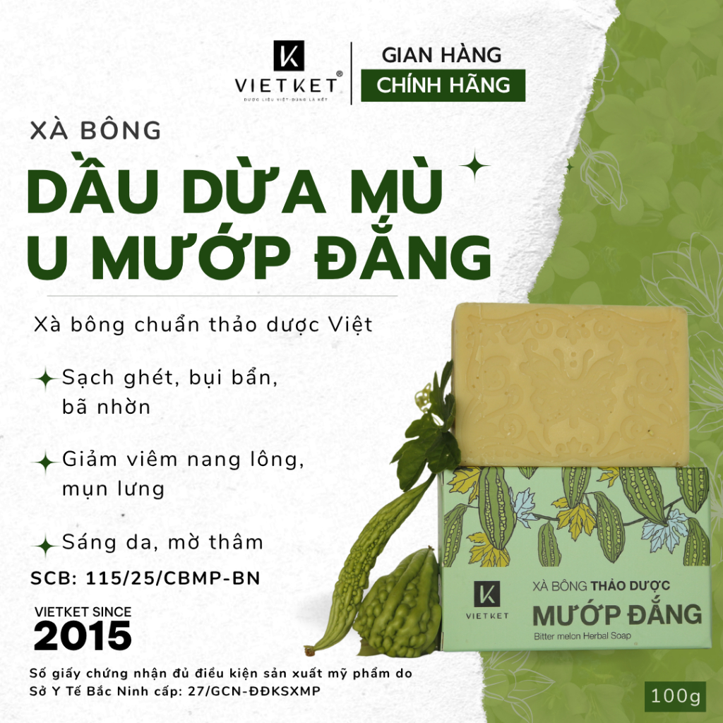 Xà Bông Tắm Dầu Dừa, Mù U, Mướp Đắng Tràm Trà VIETKET 100g - Sạch Ghét, Giảm Mụn, Sáng Da, Duy Trì Độ Ẩm, Không Nhờn Rít