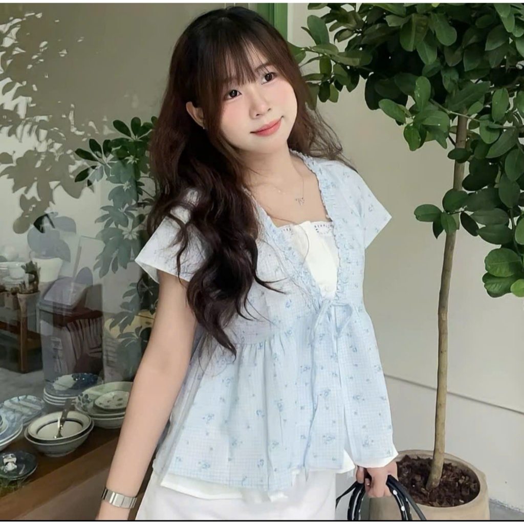 Áo Babydoll Nữ Đẹp kiểu ngắn tay cổ V may liền 1 lớp phối dây buộc nơ điệu đà dành cho nữ 