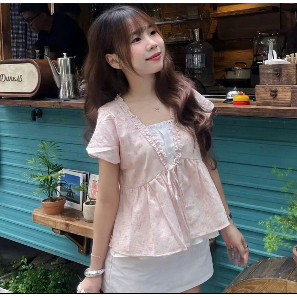 Áo babydoll nữ đẹp kiểu ngắn tay cổ V may liền 1 lớp phối dây buộc nơ điệu đà dành cho nữ 