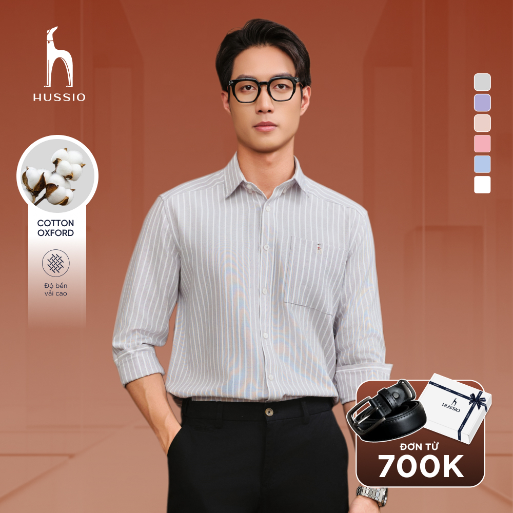 Áo sơ mi nam tay dài ANCHOR STRIPES thêu logo, vải Oxford cao cấp, thoáng mát, đứng form - HUSSIO