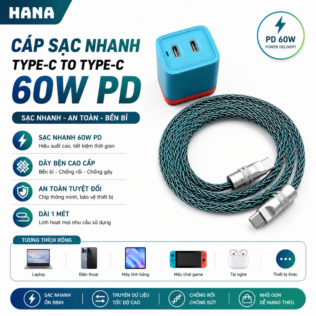 Cáp sạc nhanh Phone 65W PD - Thiết kế bện dây kiểu mới - Dài 1 mét - Truyền dữ liệu 480Mpbs