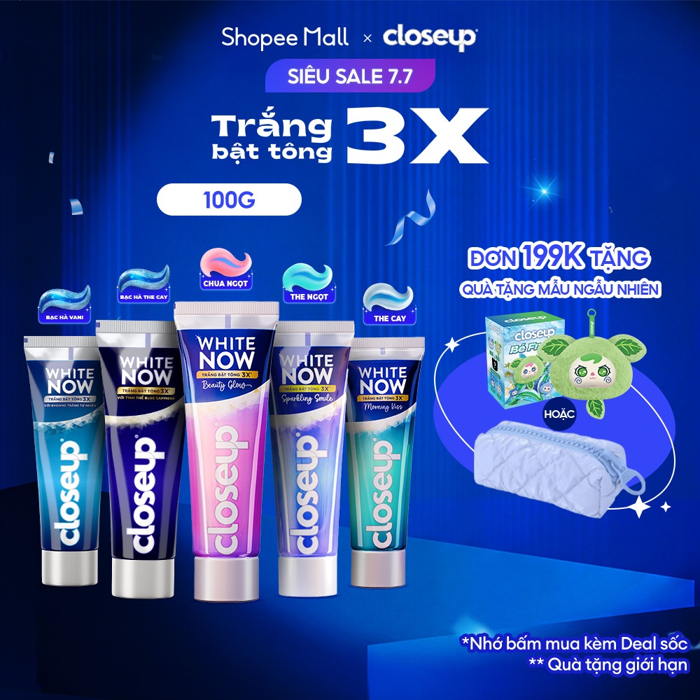 Kem đánh răng Closeup White Now - Trắng Bật Tông 3X TỨC THÌ với Công nghệ Ánh Sáng Xanh 100g