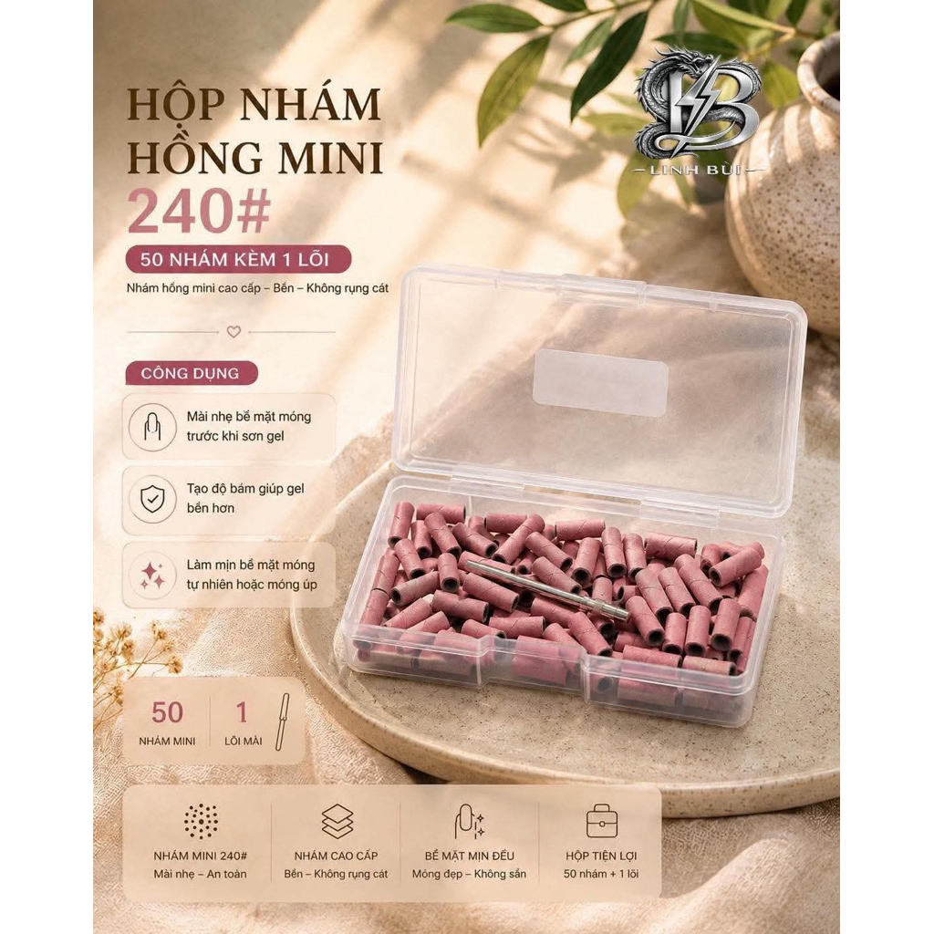 nhám hồng mini bản nâng cấp 240# 1 hộp 50 cái kèm 1 lõi  - úp móng, đắp gel đắp bột Linh Bùi