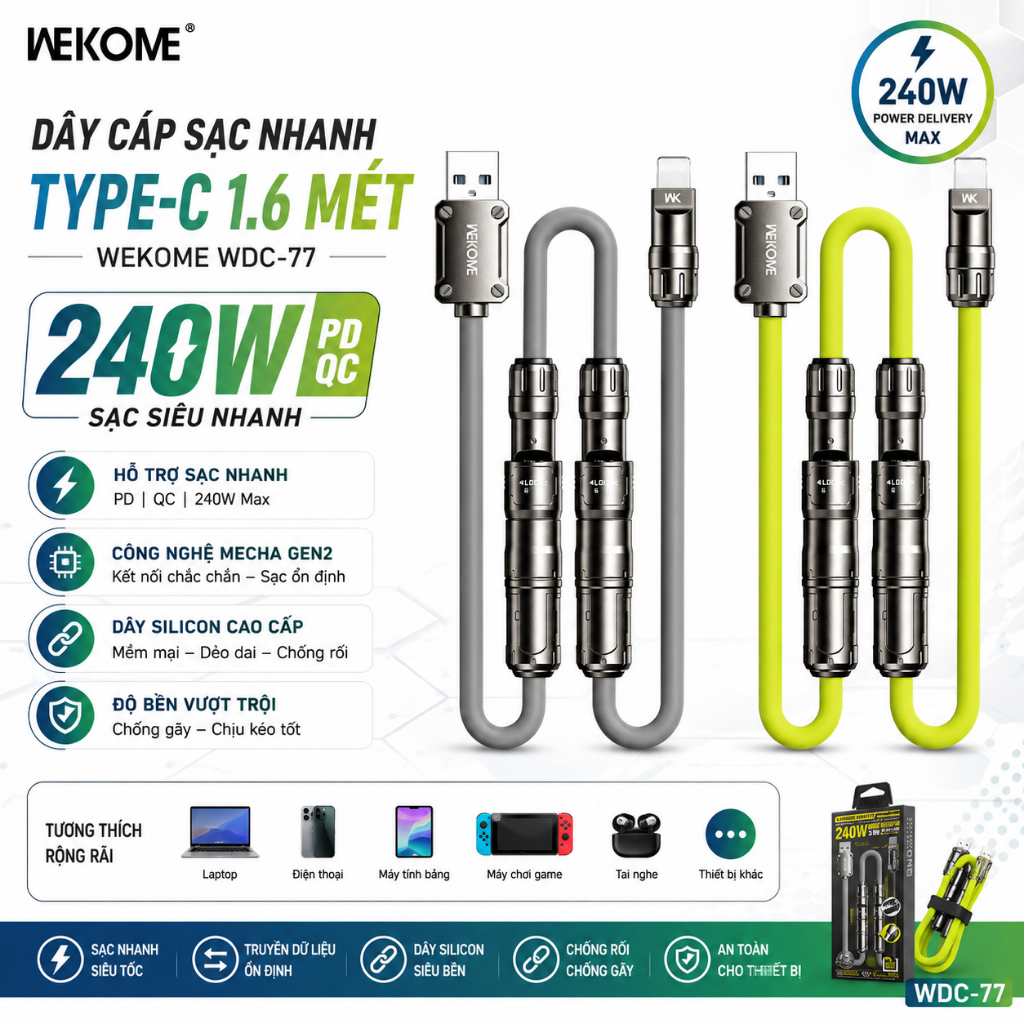 Dây Cáp Sạc Nhanh Type C 1.6 mét - 240W - Hãng WEKOME WDC-77 – Hỗ Trợ PD, QC– Dây Silicon Siêu Bền