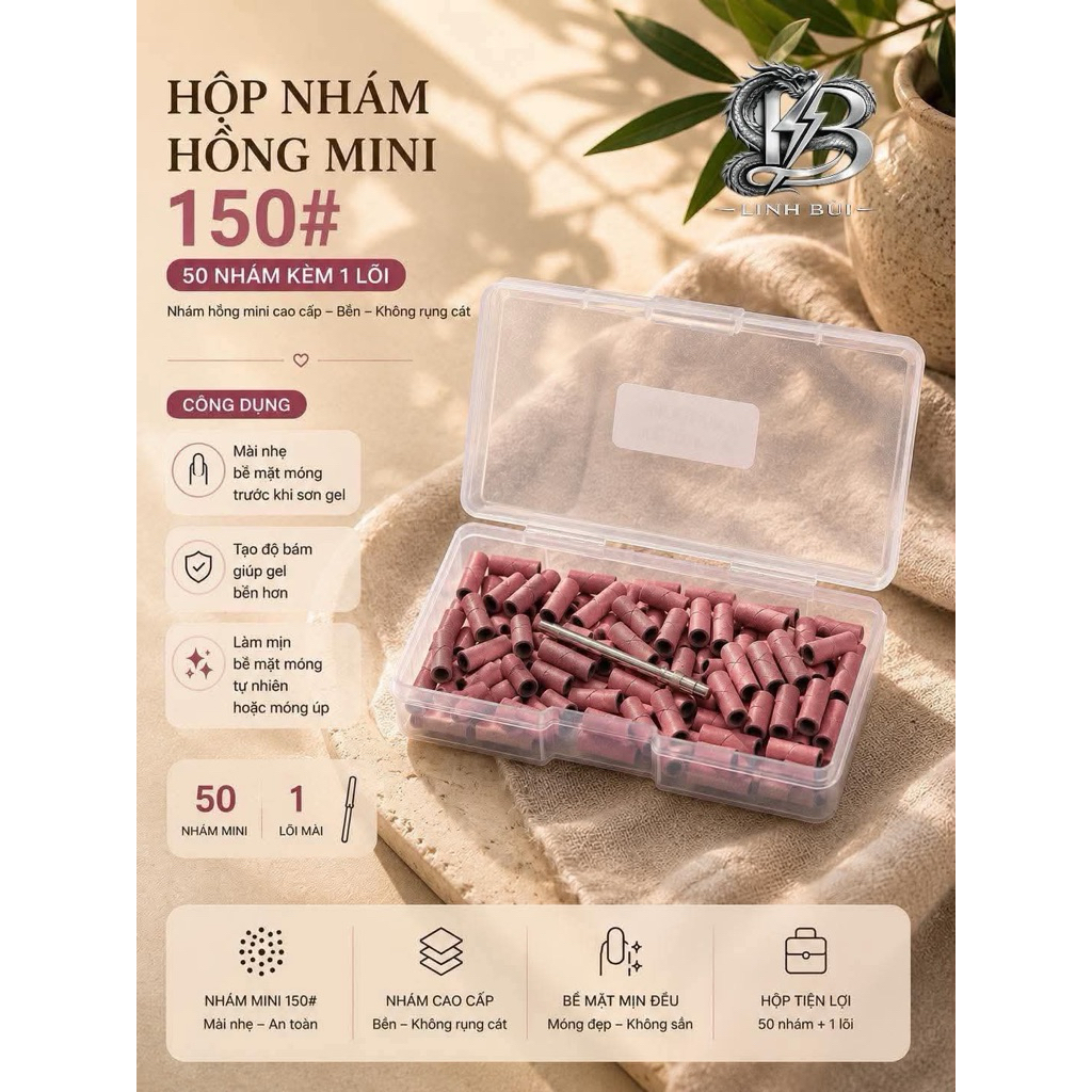 nhám hồng mini bản nâng cấp 150# 1 hộp 50 cái kèm 1 lõi  - úp móng, đắp gel đắp bột Linh Bùi