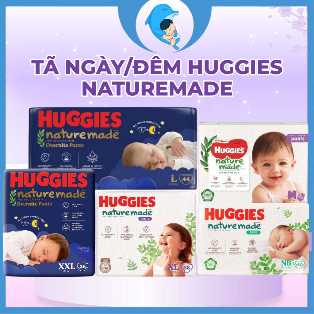 Tã dán/quần Huggies NatureMade size NB60/S82/M64/L54/XL44/M58/L44/XL38/2XL24MECAHEO
