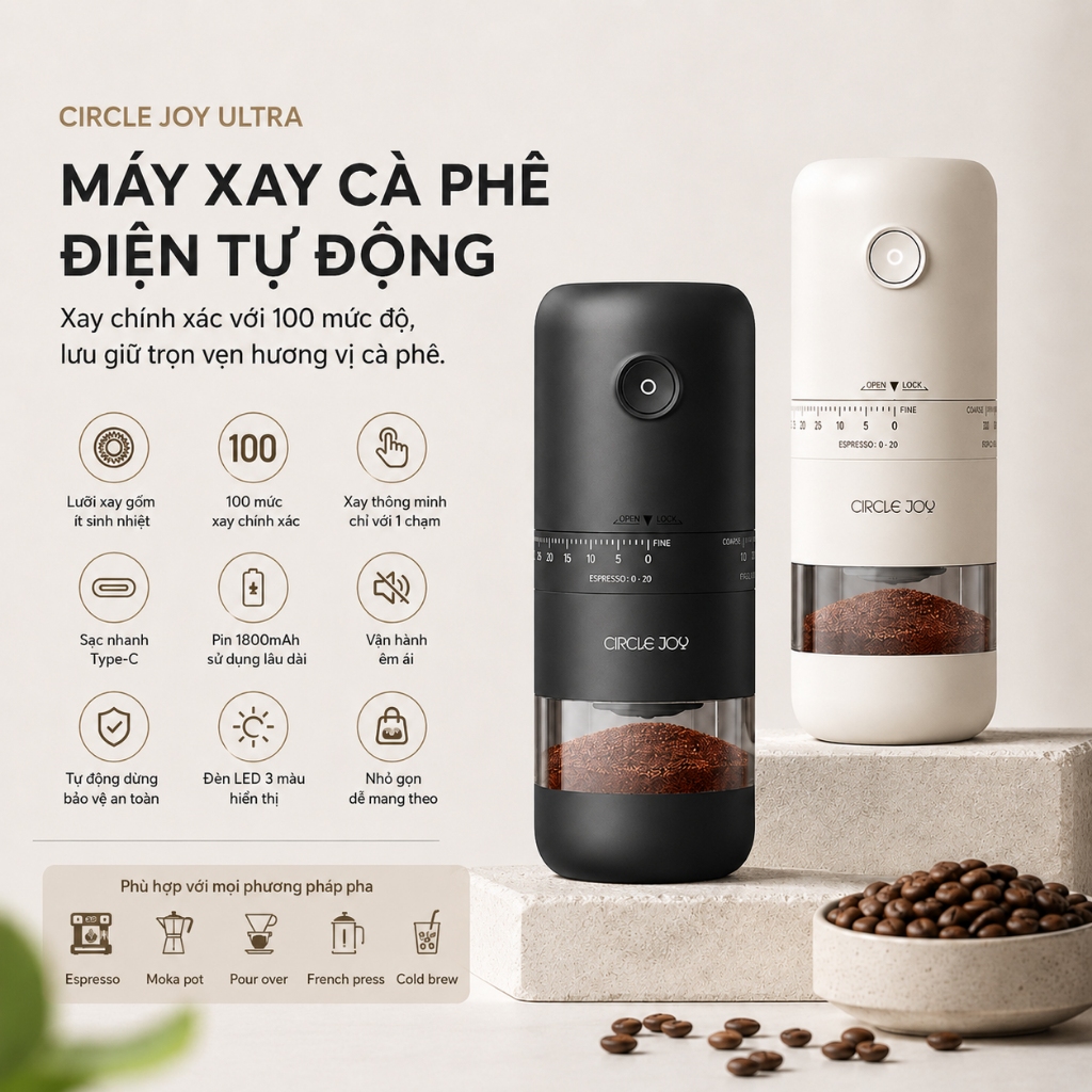 Circle Joy Ultra Máy Xay Cà Phê Điện 100 Mức Xay Burr Gốm Type-C Pin 1800mAh | BigBuy360 - bigbuy360.vn