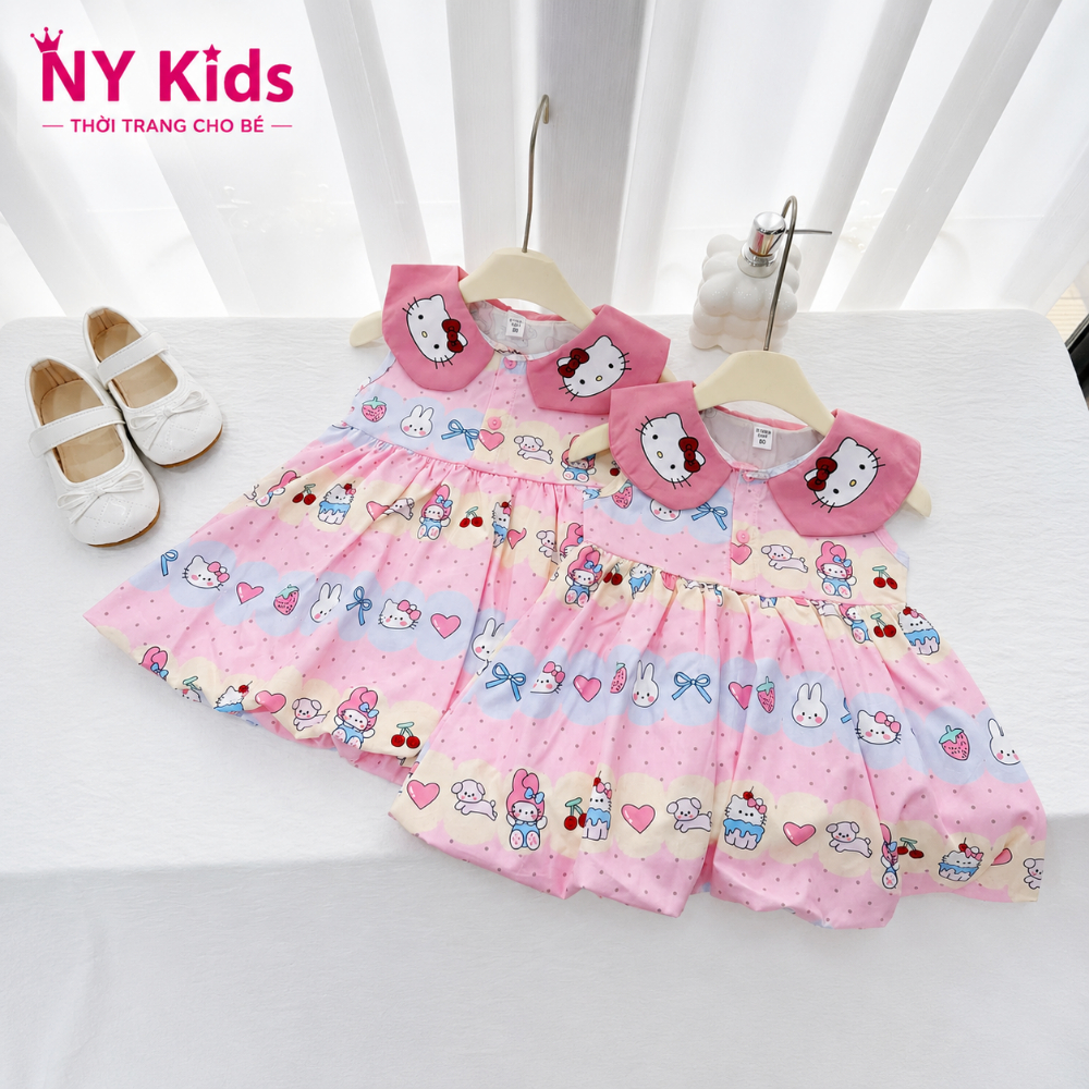 Váy Bé Gái Cổ Sen Hello Kitty Dễ Thương Đầm Xòe Công Chúa Cotton Poly Cao Cấp Mềm Mát Đi Chơi Dự Tiệc C09