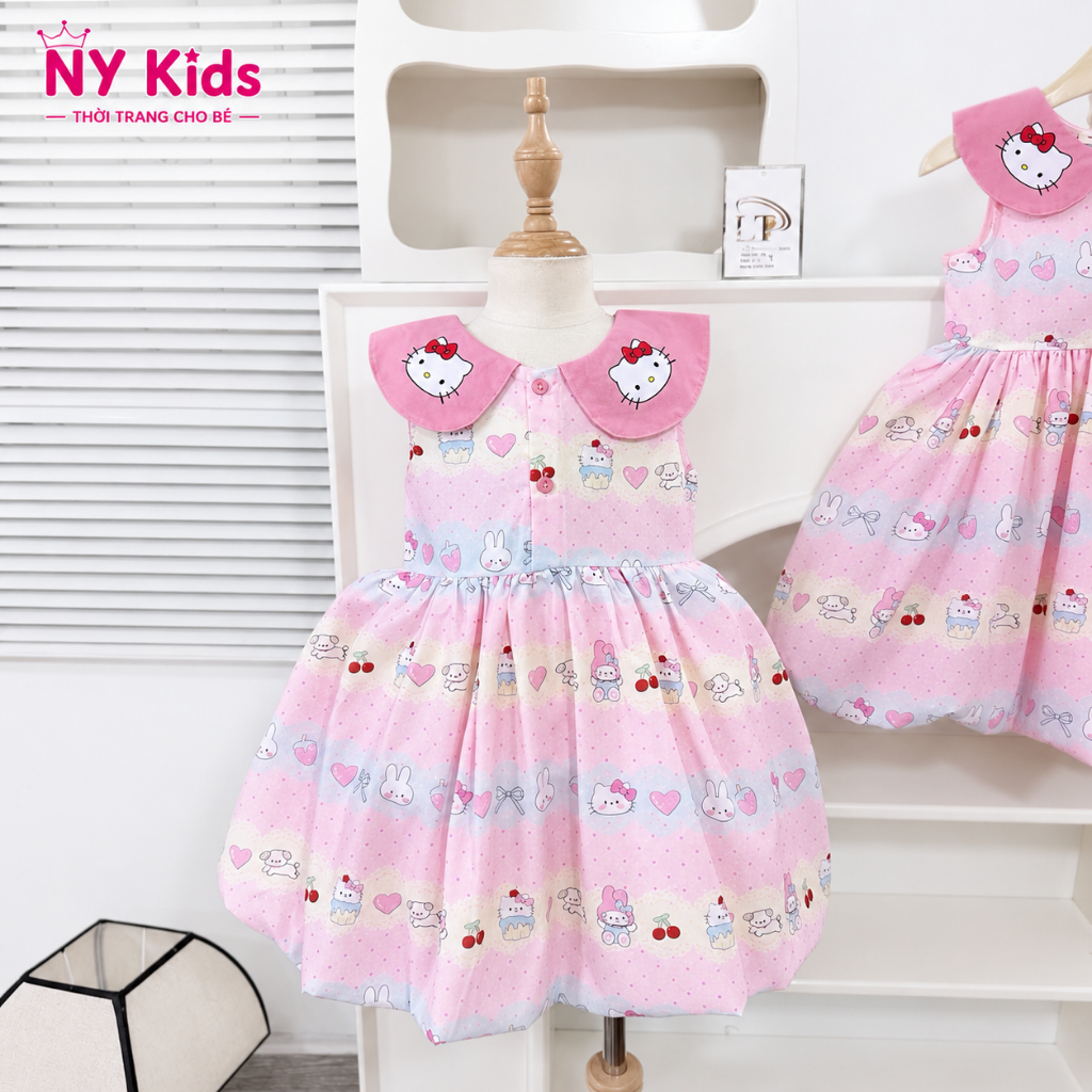 Váy Bé Gái Cổ Sen Hello Kitty Dễ Thương Đầm Xòe Công Chúa Cotton Poly Cao Cấp Mềm Mát Đi Chơi Dự Tiệc C09