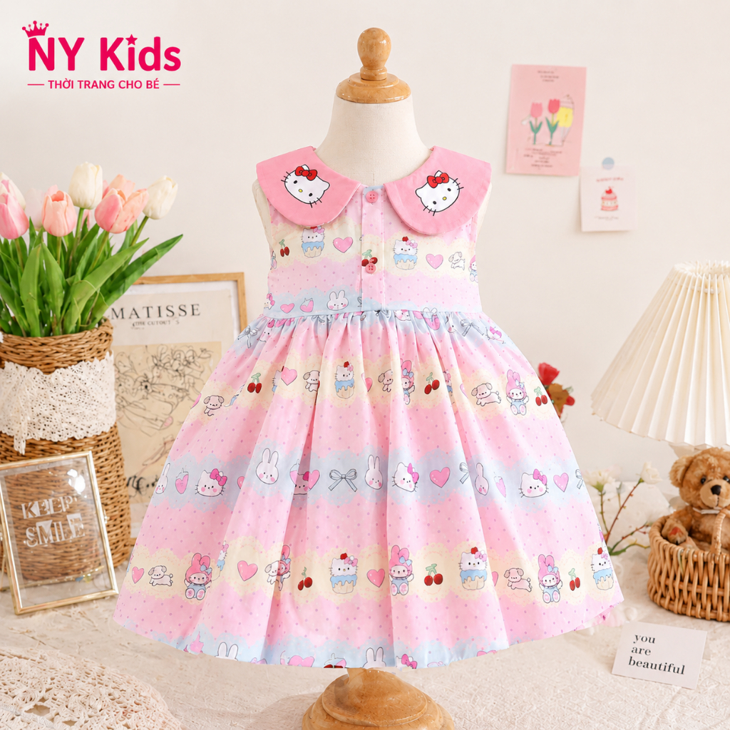 Váy Bé Gái Cổ Sen Hello Kitty Dễ Thương Đầm Xòe Công Chúa Cotton Poly Cao Cấp Mềm Mát Đi Chơi Dự Tiệc C09