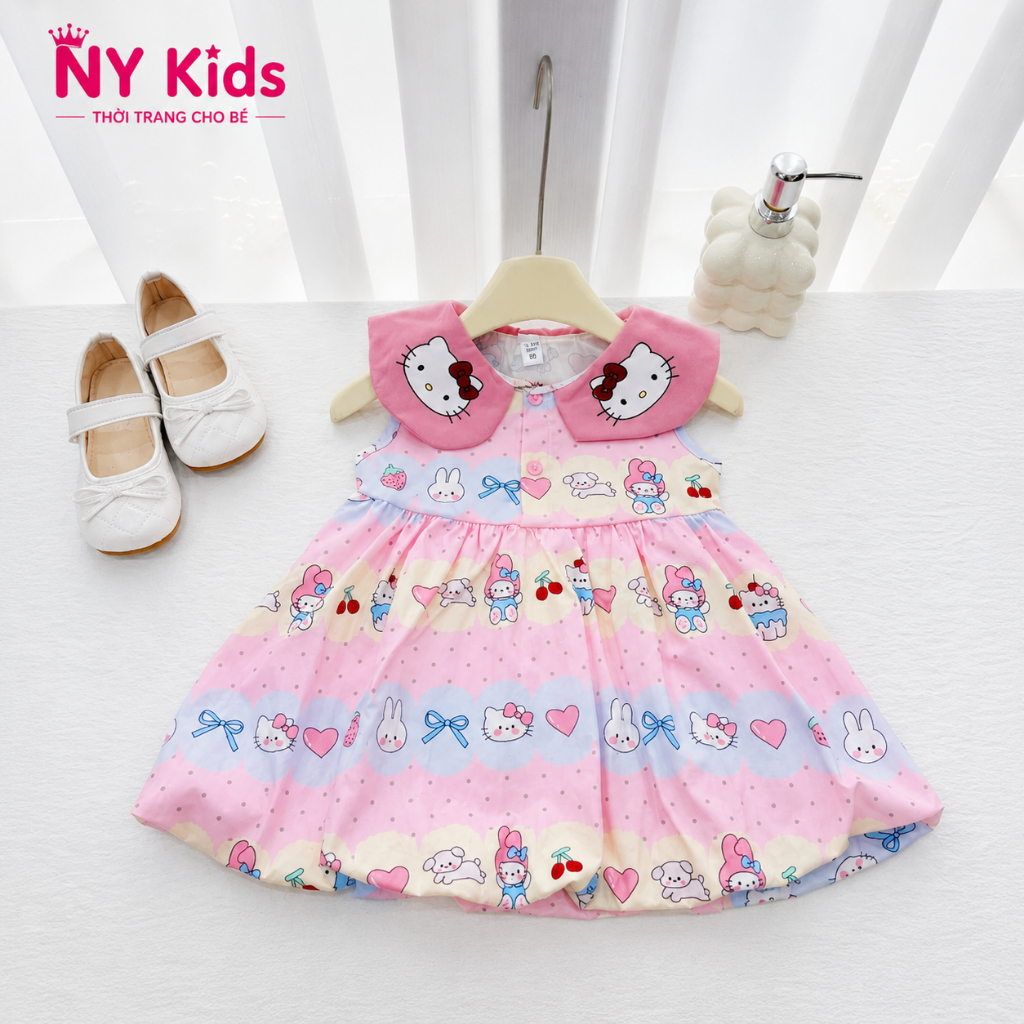 Váy Bé Gái Cổ Sen Hello Kitty Dễ Thương Đầm Xòe Công Chúa Cotton Poly Cao Cấp Mềm Mát Đi Chơi Dự Tiệc C09