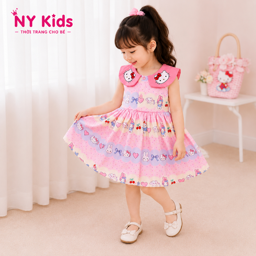 Váy Bé Gái Cổ Sen Hello Kitty Dễ Thương Đầm Xòe Công Chúa Cotton Poly Cao Cấp Mềm Mát Đi Chơi Dự Tiệc C09