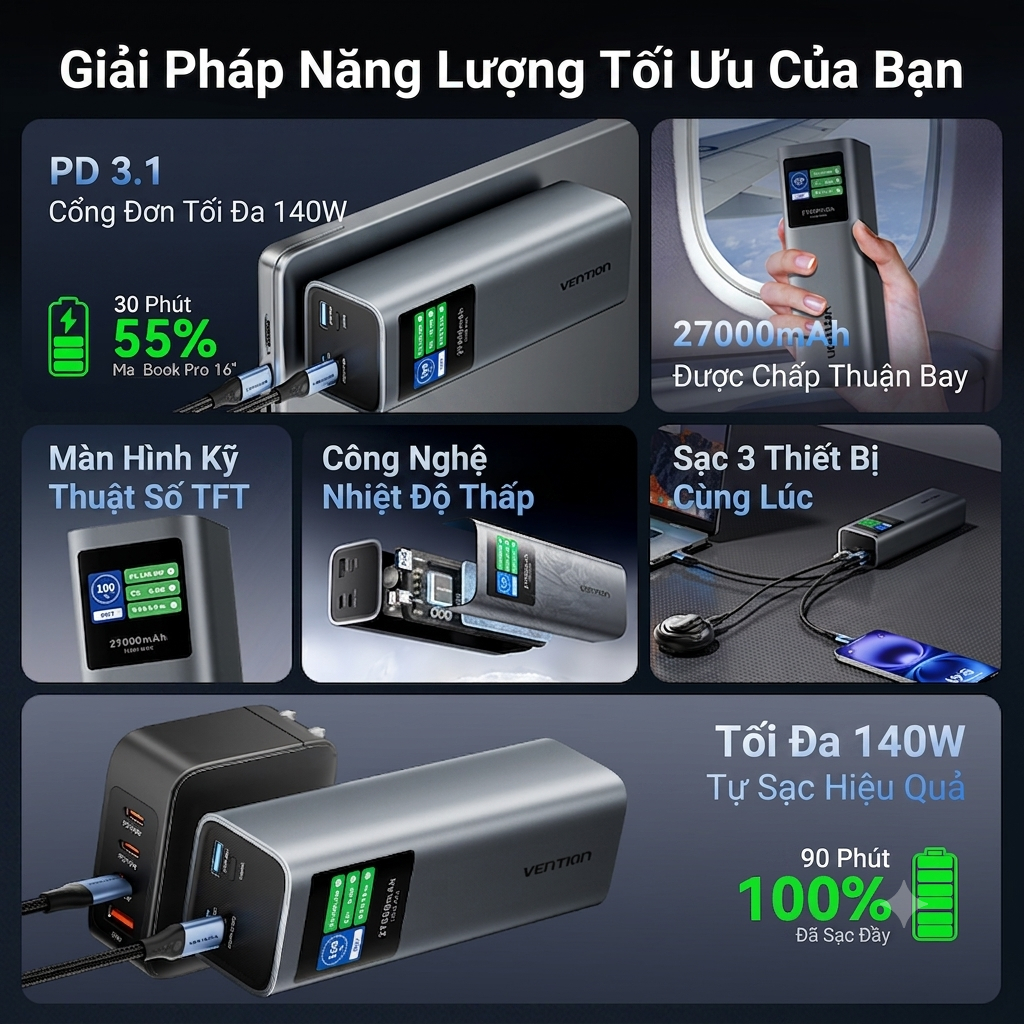Pin Sạc Dự Phòng 27000mAh 140W Vention, Sạc Nhanh PD Cho Điện Thoại Laptop MatBook, Màn Hình TFT, Sẵn Cáp Sạc USB-C