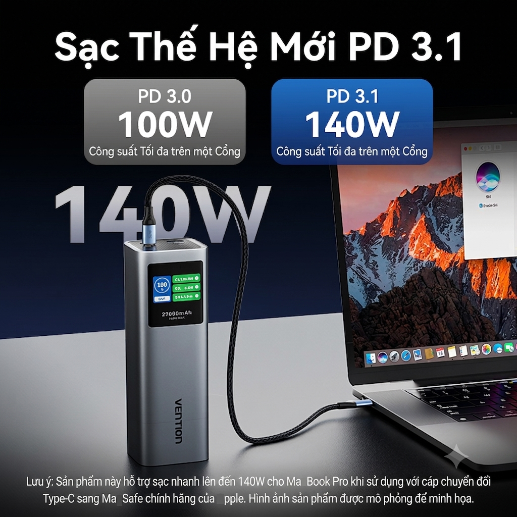 Pin Sạc Dự Phòng 27000mAh 140W Vention, Sạc Nhanh PD Cho Điện Thoại Laptop MatBook, Màn Hình TFT, Sẵn Cáp Sạc USB-C