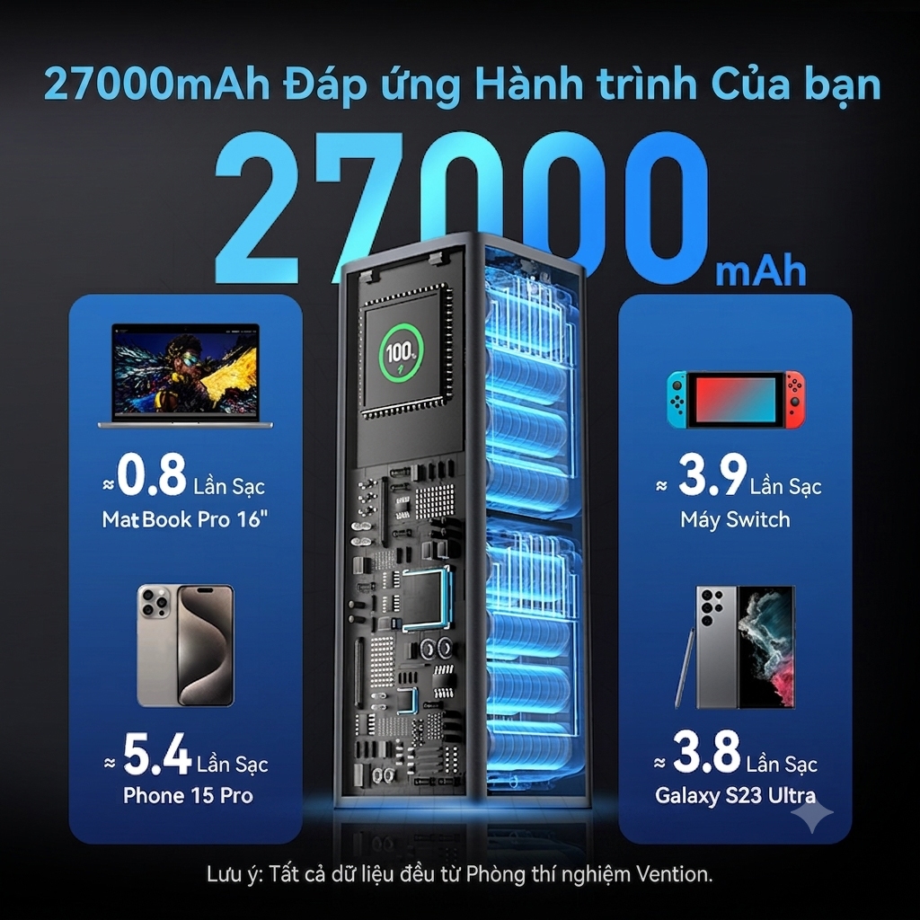Pin Sạc Dự Phòng 27000mAh 140W Vention, Sạc Nhanh PD Cho Điện Thoại Laptop MatBook, Màn Hình TFT, Sẵn Cáp Sạc USB-C