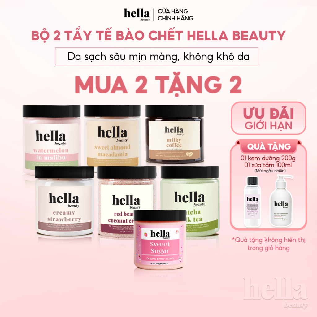 Bộ 2 tẩy tế bào chết body Hella Beauty giúp làm sạch sâu hỗ trợ dưỡng sáng da đều màu