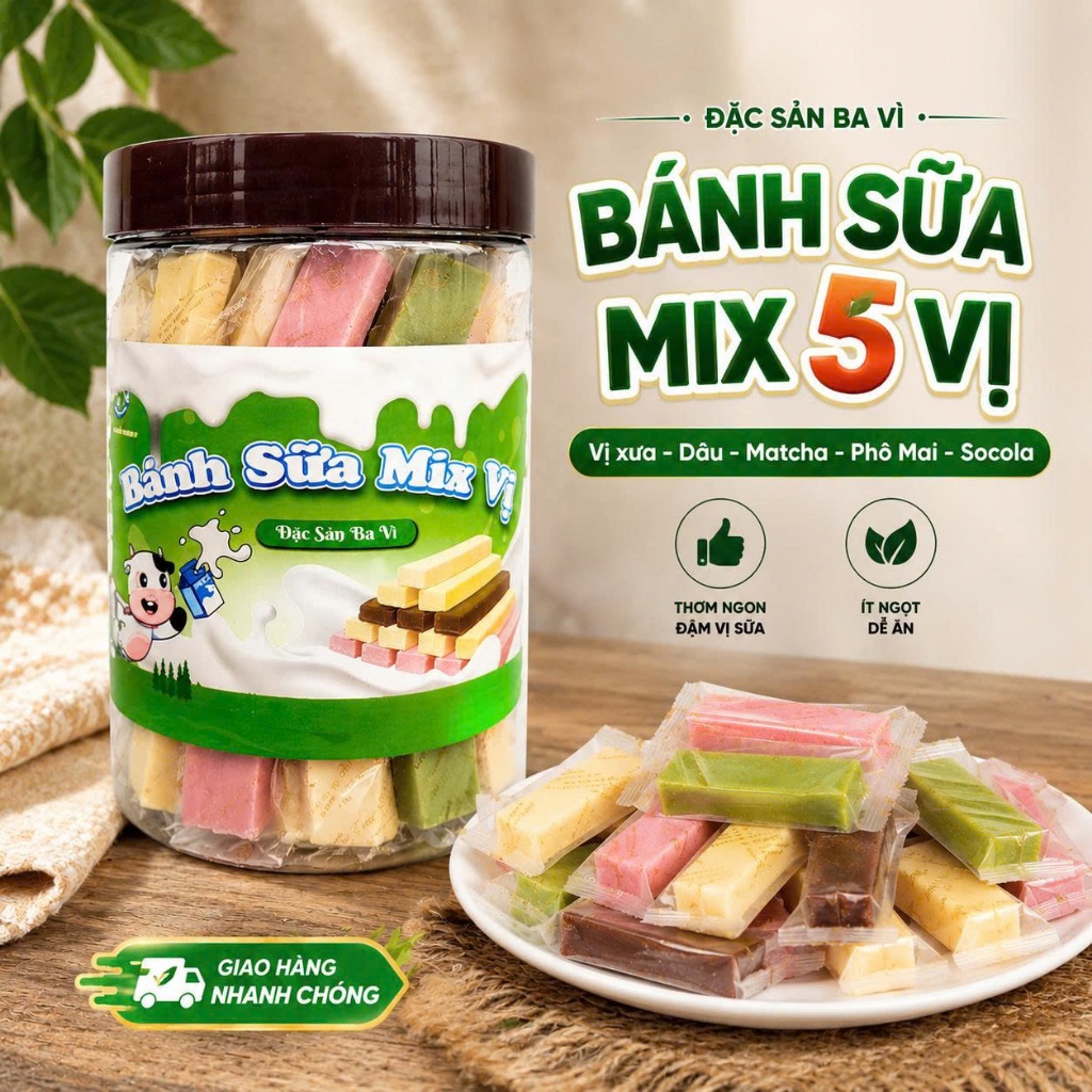 MIX 5 vị (Sữa, dâu, phomai, socola, mattra). Đặc sản bánh sữa Ba Vì. 1kg / 500g/ 300g
